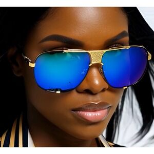 Sunglasses Blue Lens Gold Accents Fashion Pilot Sun Glasses Women‎ Street Wear